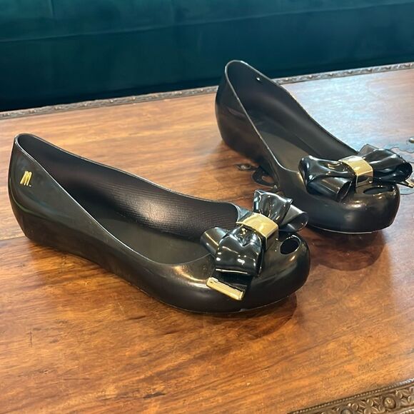 MELISSA ULTRAGIRL SWEET XVII Black and Gold Shimmer Jelly Peep-Toe, 4! - Picture 1 of 8
